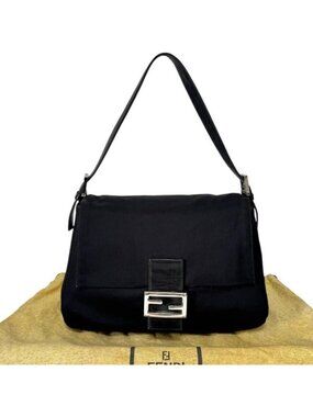 Fendi Mamma Zucca Bucket Baguette Shoulder Flap Bag Black Purse Tote